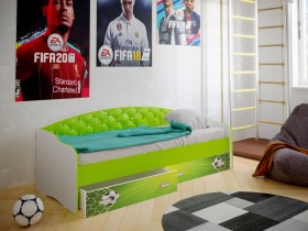 Кровать Софа-8 с мягкой спинкой фотопечать Футбол (900х2000) Белый/Лайм в Краснодаре - krasnodar.katalogmebeli.com | фото